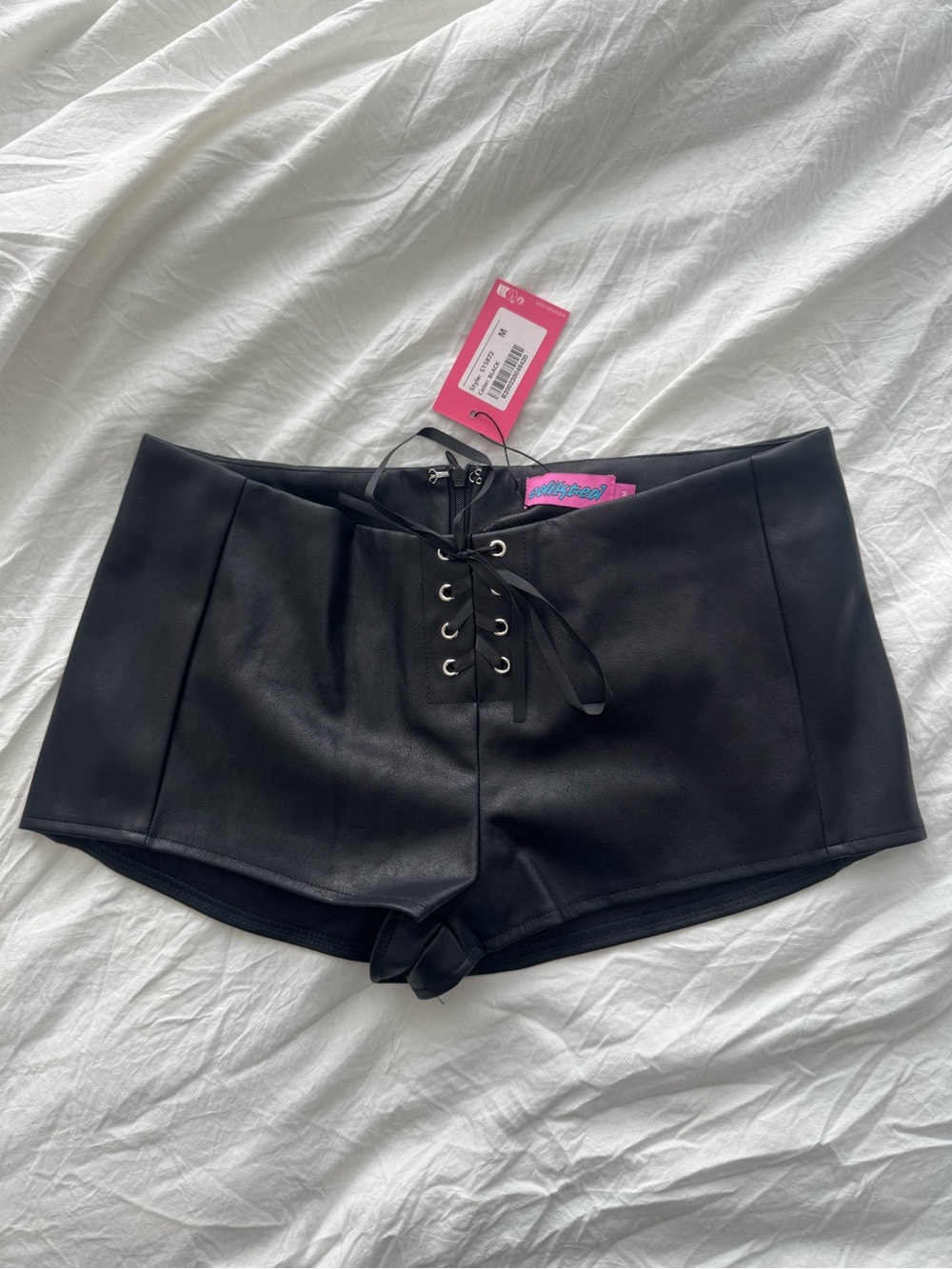 Edikted Black Lace-Up Faux Leather Shorts